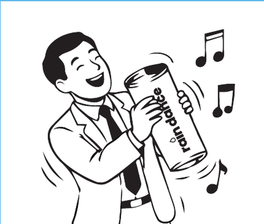 A man shaking the canister surrounded by music notes