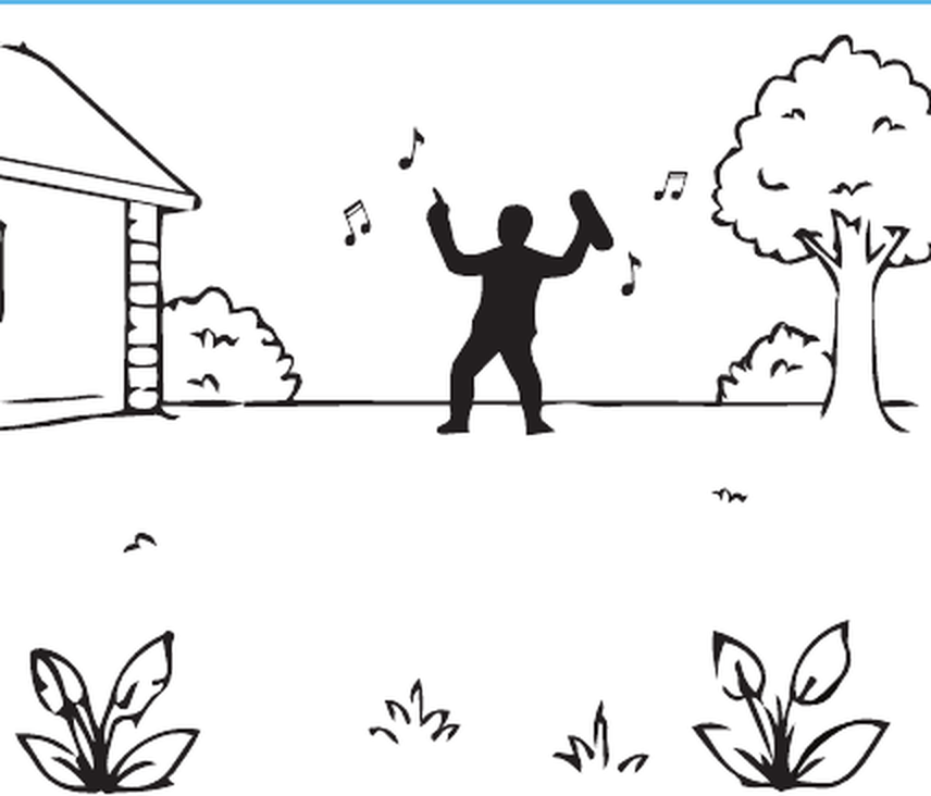A person dancing in a front yard as plants come back to life