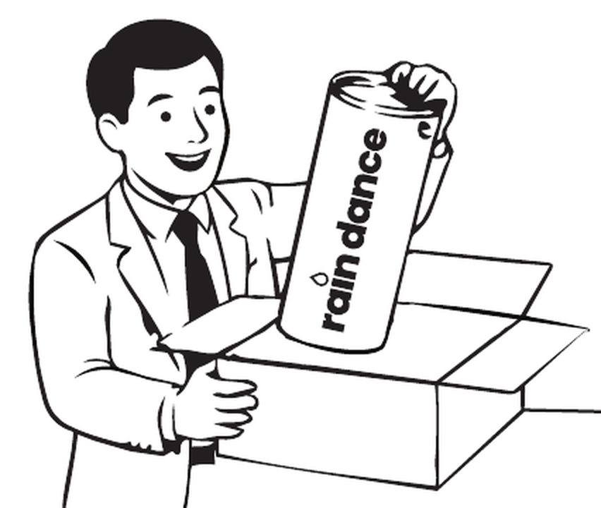 A man lifting the Rain Dance canister out of its shipping box