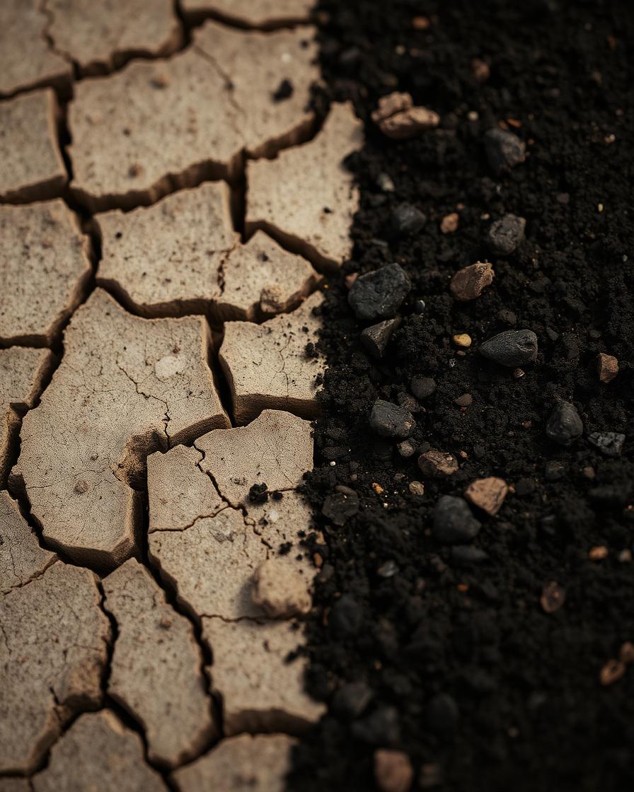 Cracked dry earth meeting dark biochar-treated soil